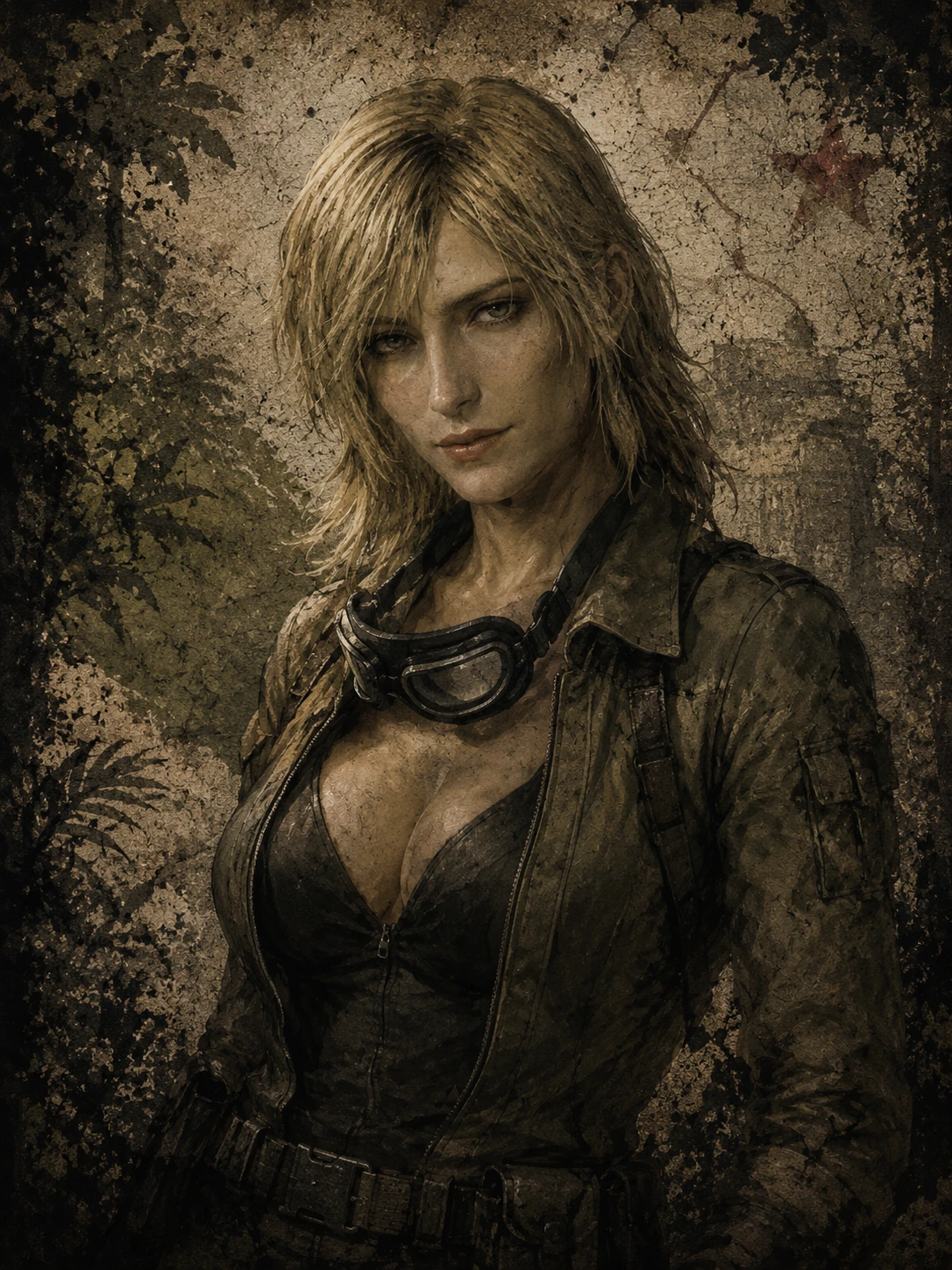 Retrato vertical de EVA, espía rubia con chaqueta de cuero, gafas de piloto al cuello y estética de agente de los años sesenta sobre un fondo selvático oscuro.