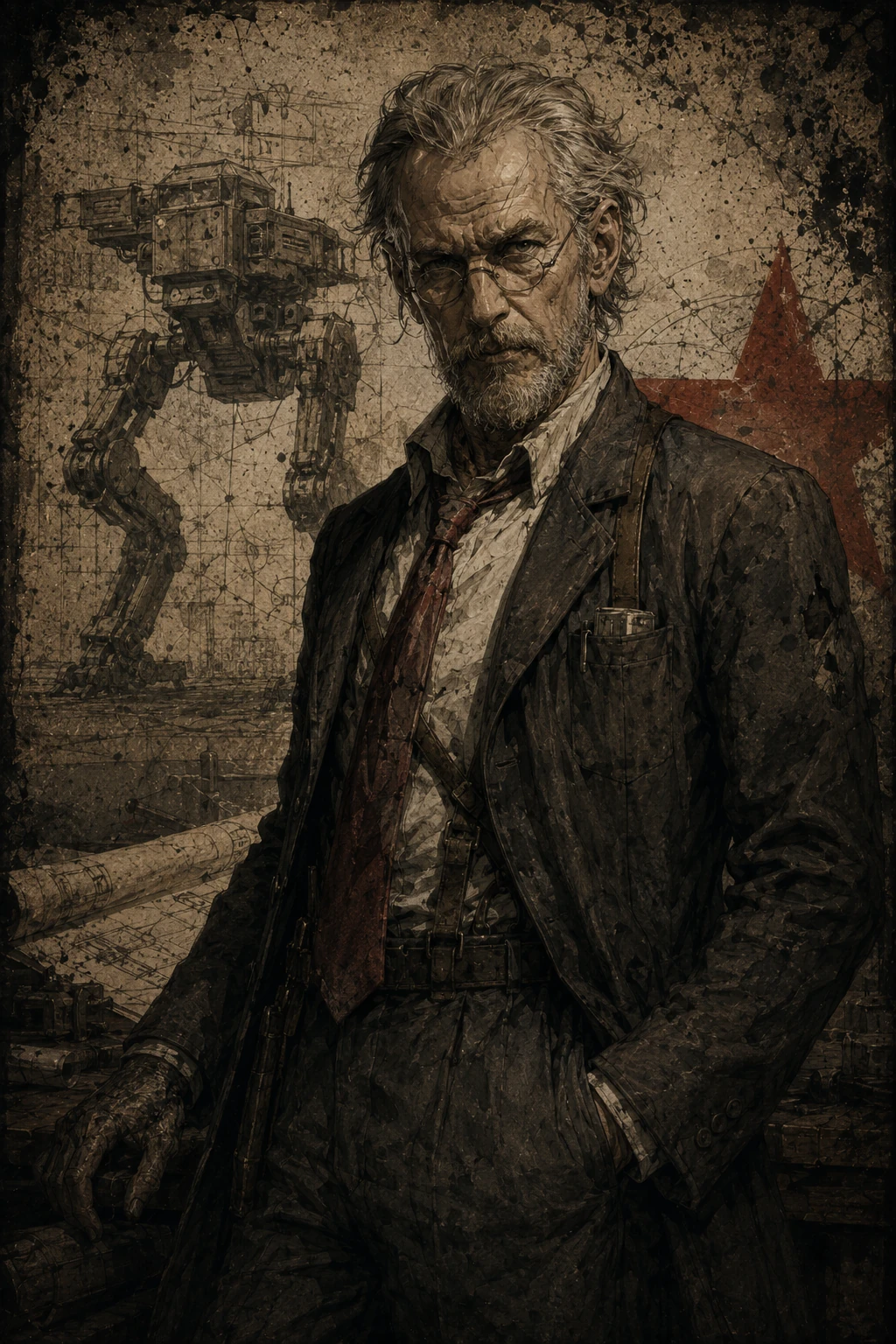 Retrato vertical del doctor Aleksandr Granin con barba gris, gafas, traje arrugado y planos de un tanque nuclear bípedo al fondo.