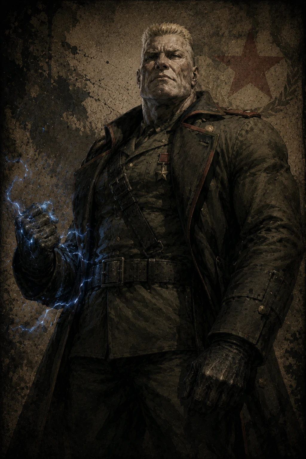 Retrato vertical del coronel Volgin, militar soviético corpulento con uniforme oscuro y descargas eléctricas azules alrededor del puño.