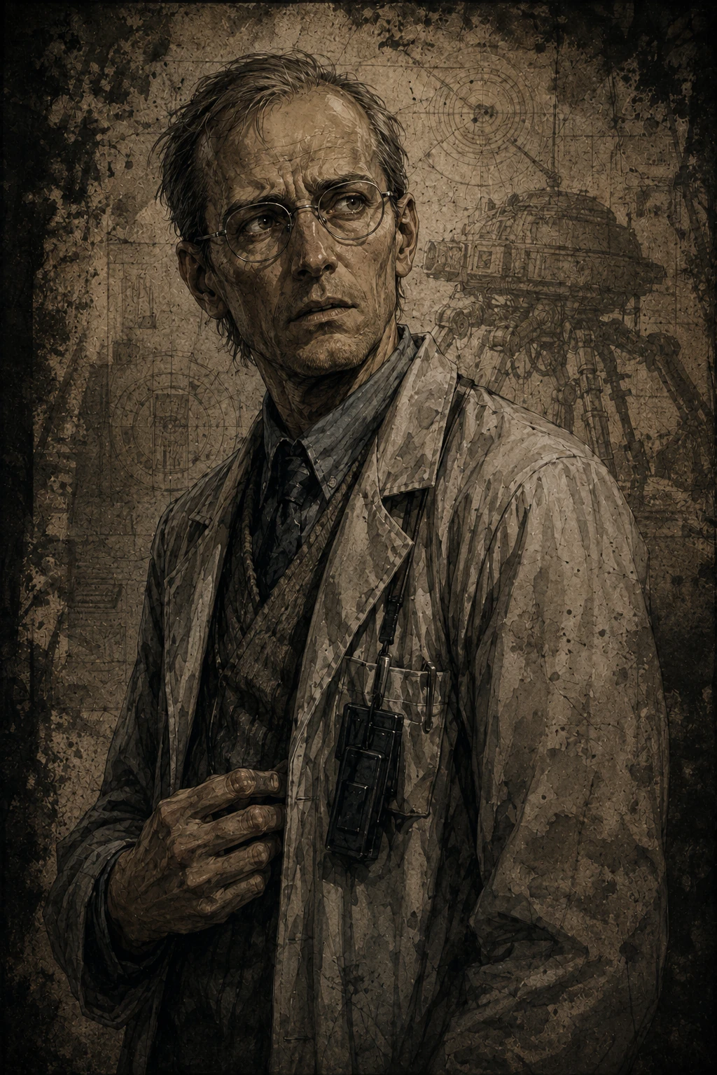Retrato vertical de Nikolai Sokolov con bata de laboratorio, gafas redondas y planos del Shagohod al fondo.