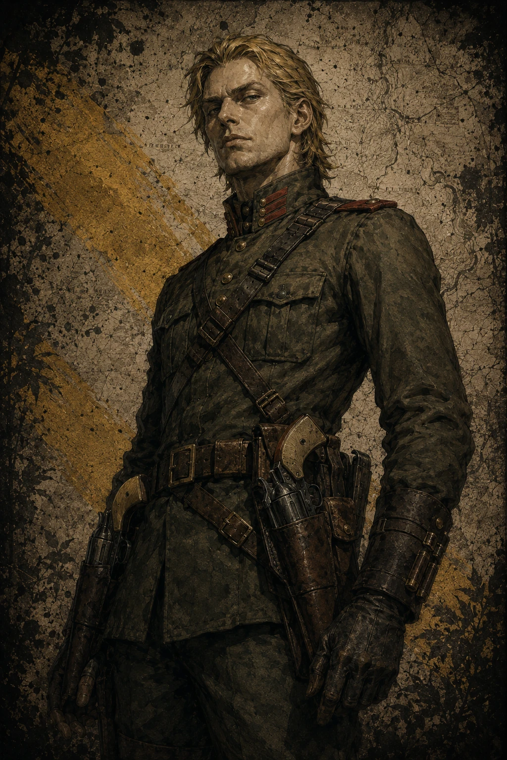Retrato vertical de Ocelot joven con uniforme soviético, cabello rubio y dos revólveres en sus fundas sobre un fondo militar envejecido.