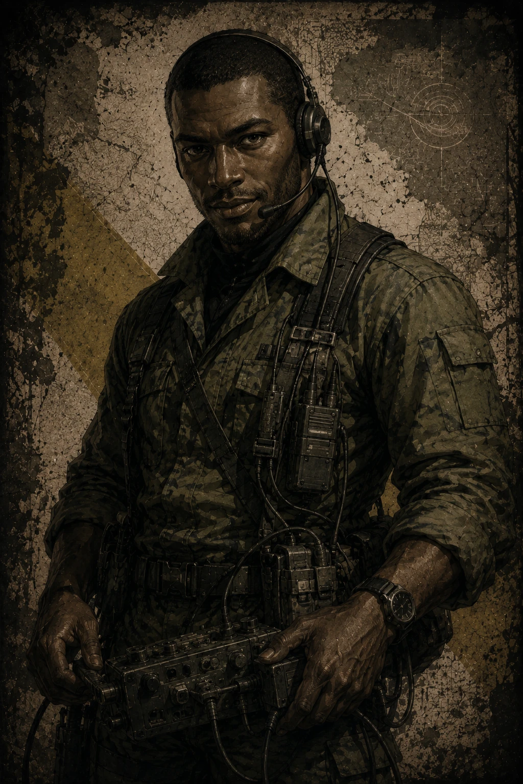 Retrato vertical de Sigint con auriculares, uniforme de camuflaje y equipo electrónico de comunicaciones.